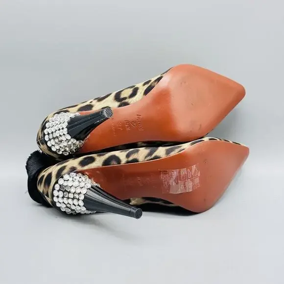 Lanvin x H&M Shoes Womens 6 Brown Pumps Leopard Ankle Wrap Rhinestone Heel - Picture 8 of 10
